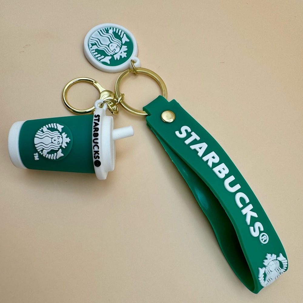 Starbucks Green and White Keychain with Coffee Cup and Silicone Strap